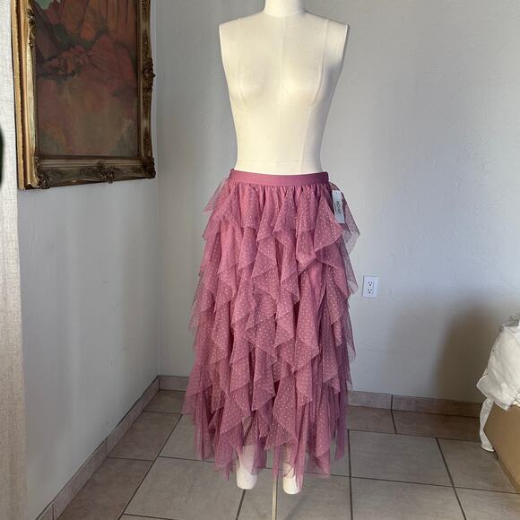 Fairycore Tulle Ruffle Midi Skirt Polka Dot Layered Mesh Pink L WD NY NWT - Picture 3 of 10